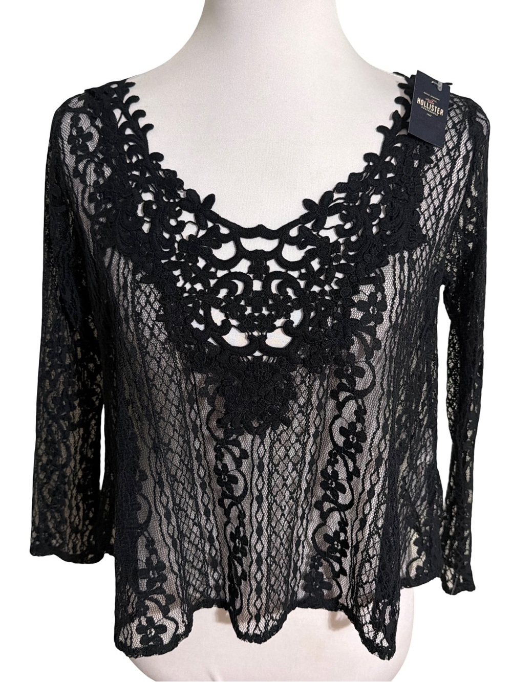 Hollister Black Floral Lace Overlay Top